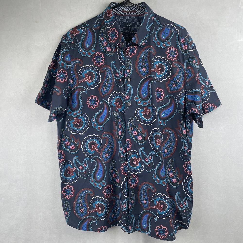 Ted Baker‎ London Mens Short Sleeve Button Up Shirt Funky Paisley Print Sz 6 XXL